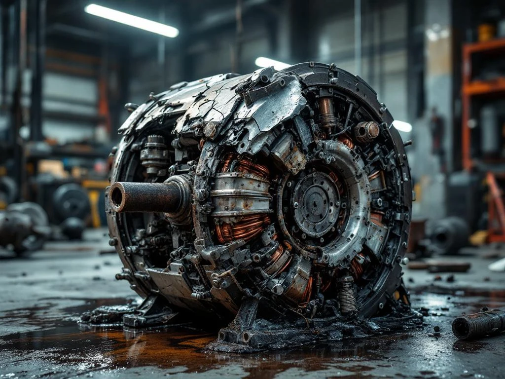 Zwaar beschadigde elektromotor met gebarsten behuizing en verbrande wikkelingen in industriële werkplaats