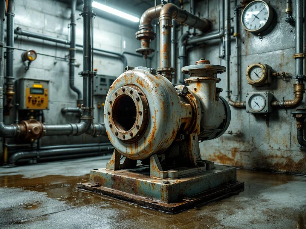 Defecte centrifugaalpomp met roestvorming en waterlekkage in industriële kelder met leidingen en meetapparatuur