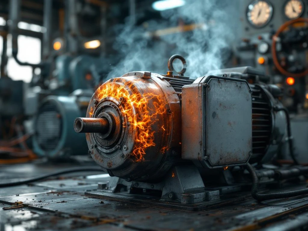 Oververhitte industriële elektromotor met hittekleuring en stoom, temperatuurmeters tonen hoge waarden in technische ruimte