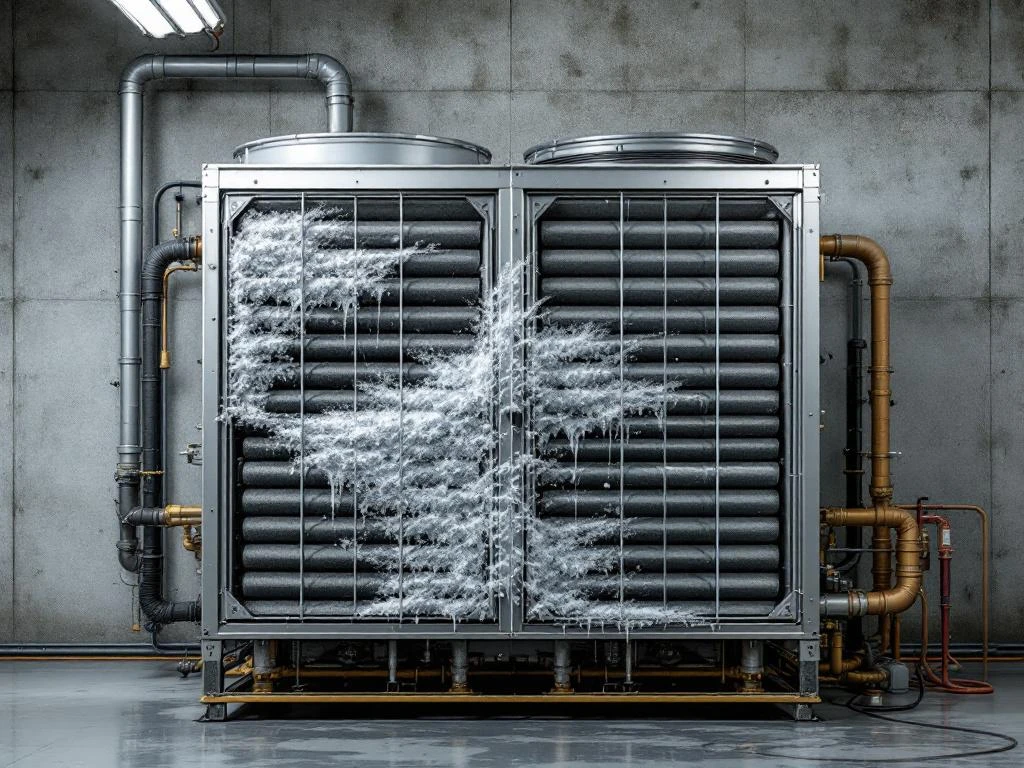 Industriële luchtbehandelingskast met rijpvorming, condensatie en vervuilde filters toont koelproblemen in technische ruimte