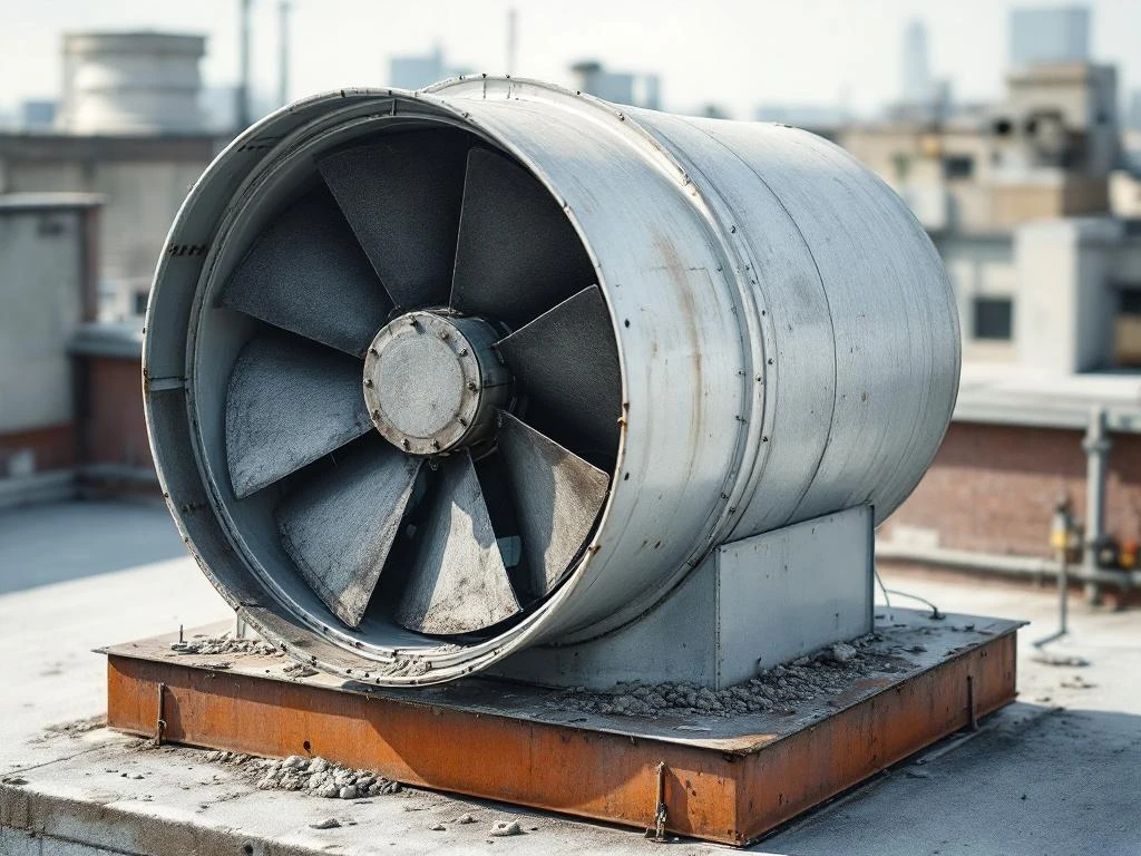 Industriële axiale ventilator op kantoorgebouw dak met slijtage, stof en veroudering van metalen onderdelen