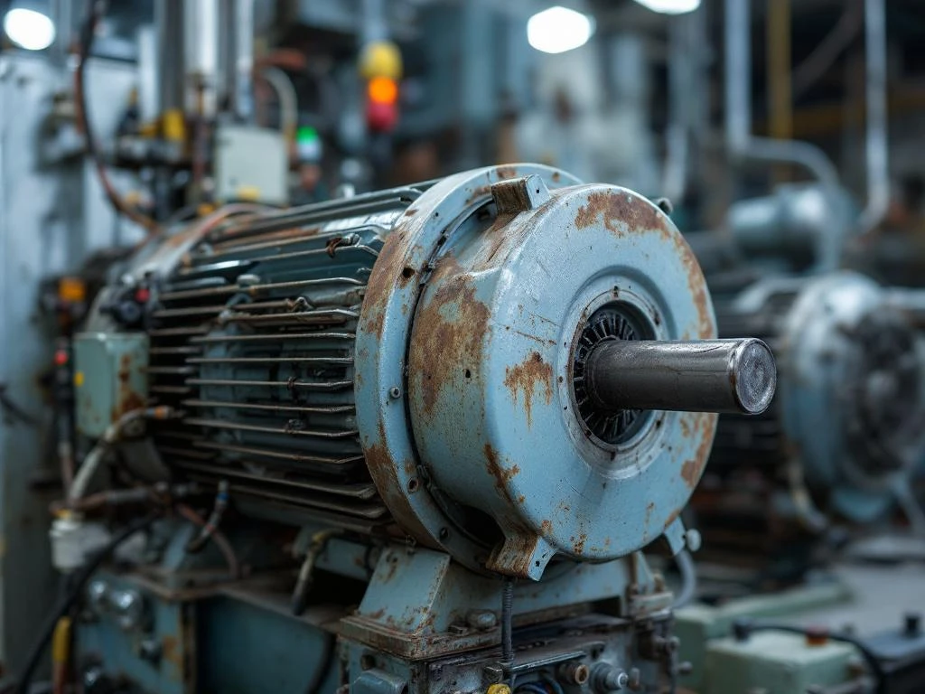 Defecte industriële elektromotor met oxidatie en losse kabels naast productiemachines in fabriek