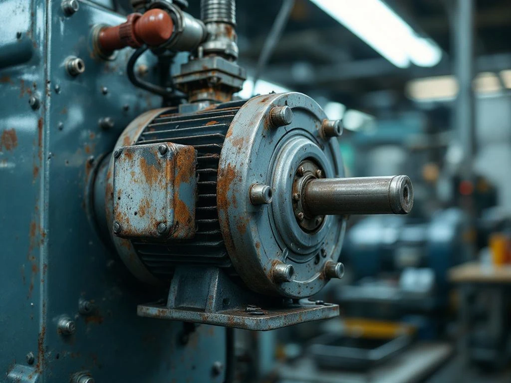 Versleten industriële elektromotor met roestplekken en losse bouten op productiemachine in fabriek