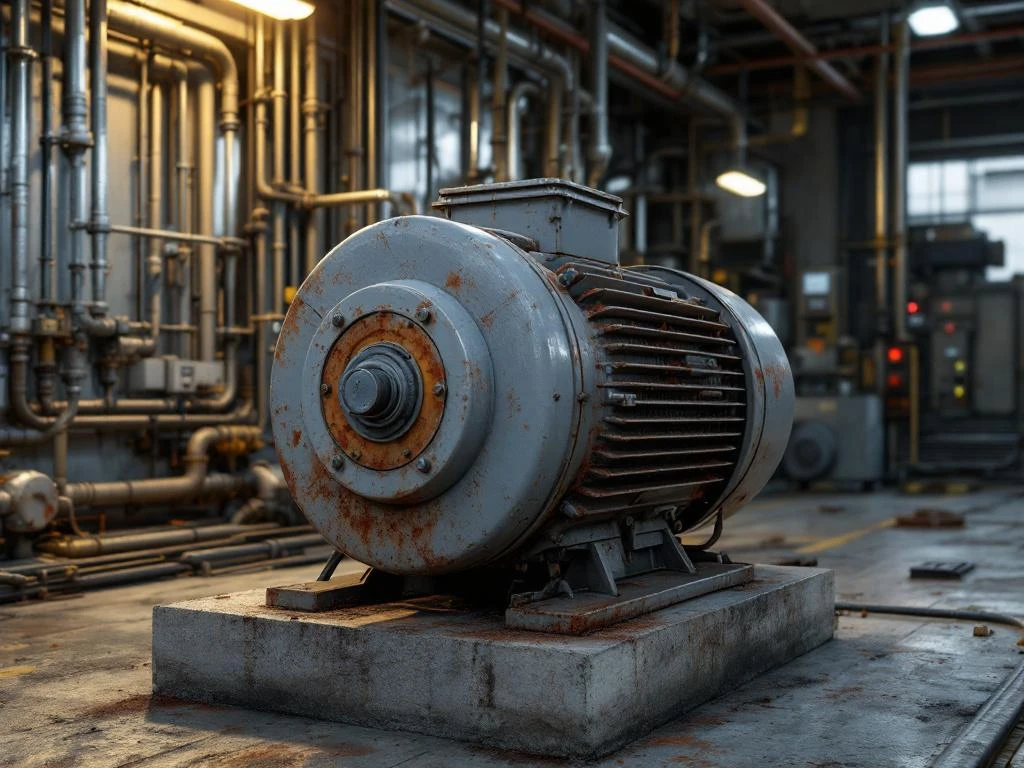 Industriële elektromotor met hitteschade en corrosie op betonnen fundament, digitale energiemeter toont hoog verbruik