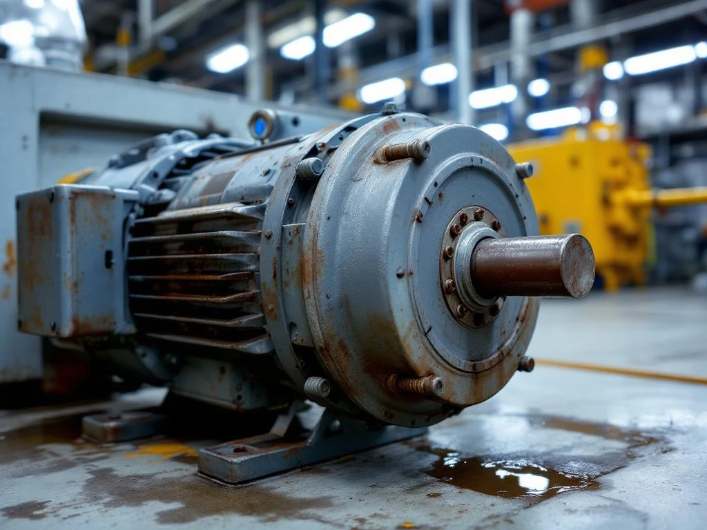 Industriële elektromotor met trillingsproblemen op betonvloer in fabriek, losse bouten en olieplekken zichtbaar