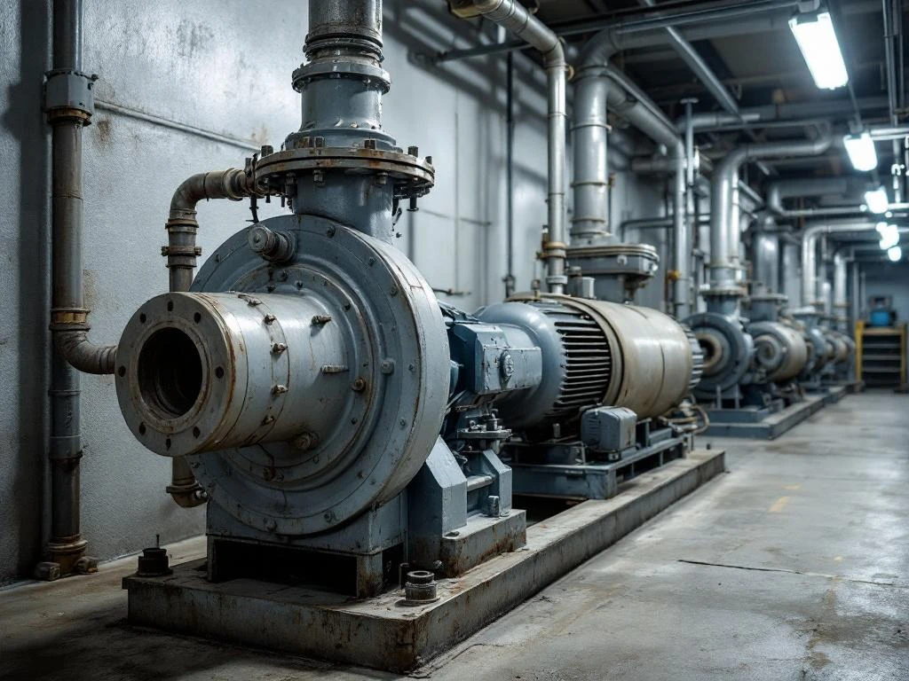 Industriële centrifugaalpomp met cavitatieschade en lekkage in technische ruimte van gebouwkelder