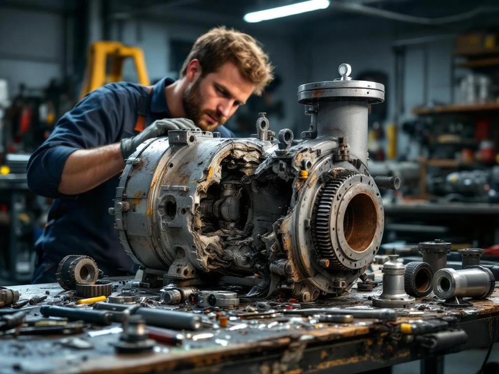 Technicus inspecteert beschadigde industriële pomp met gecorrodeerde onderdelen op werkbank in professionele werkplaats
