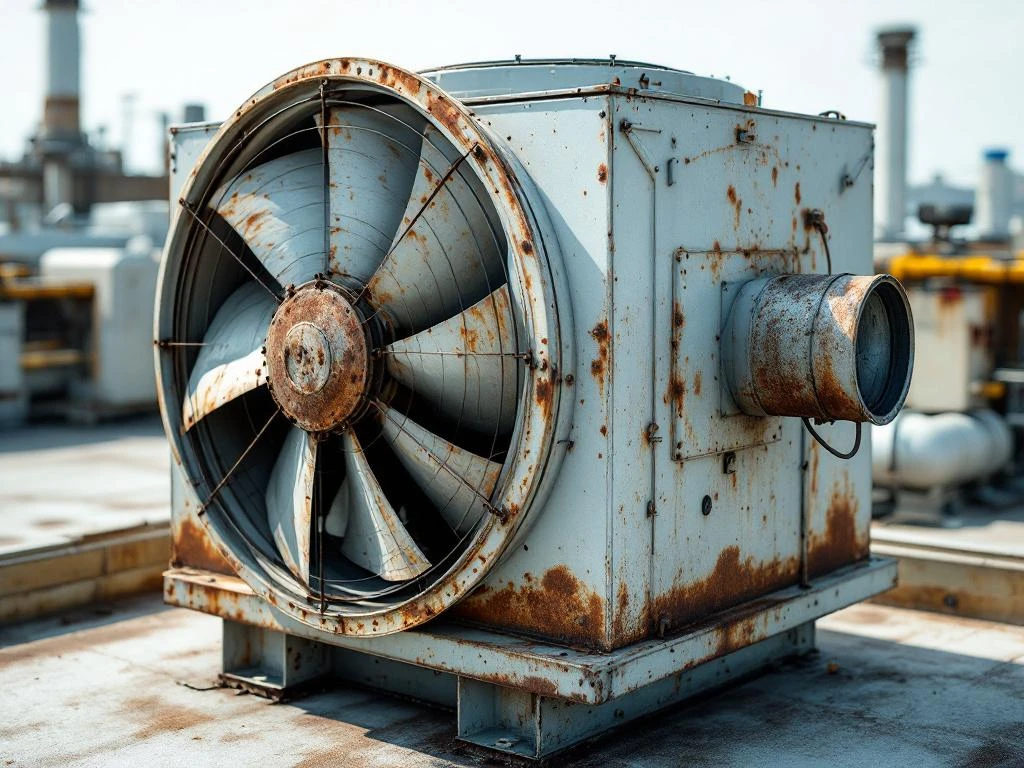 Versleten industriële ventilatie-unit op kantoorgebouw dak met roest, beschadigde ventilatorbladen en olieplekken
