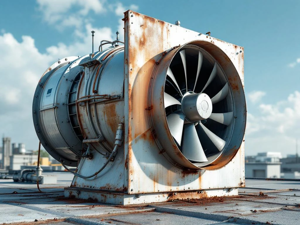 Industriële centrifugaalventilator op dak met trillingsproblemen en bewegingsonscherpte, roestige bevestiging zichtbaar
