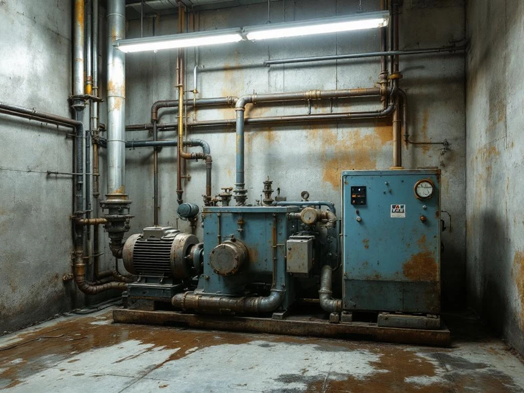 Industriële waterpomp met slijtage en corrosie in technische ruimte met betonnen muren en zichtbare leidingen