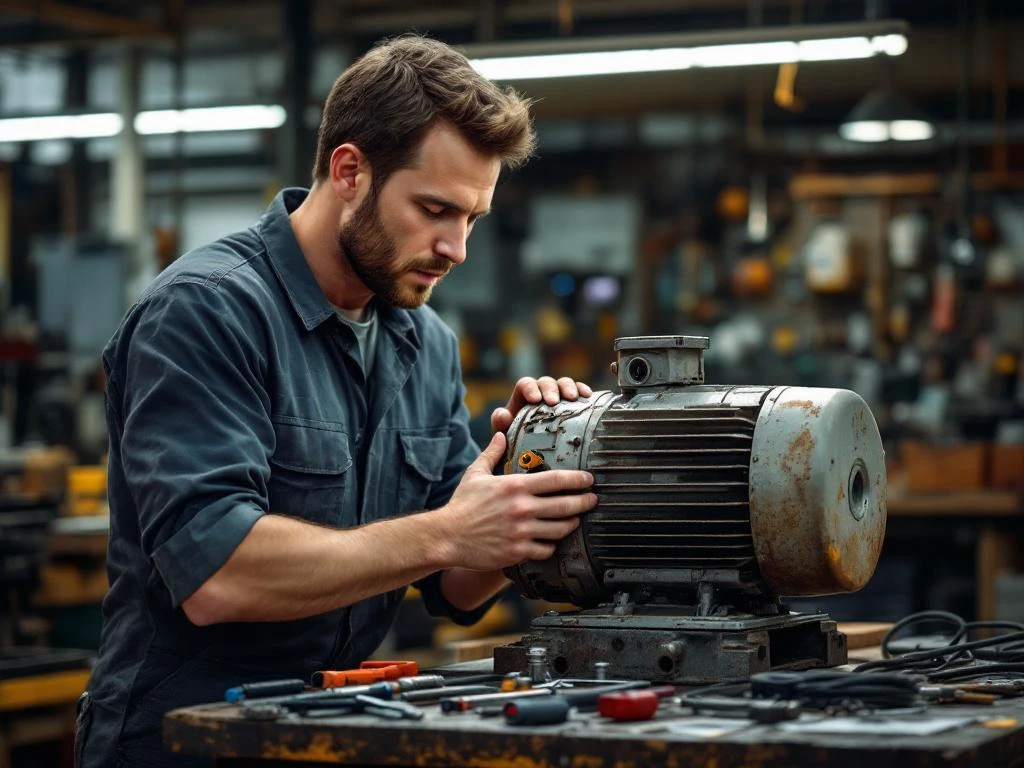 Technicus in werkkleding onderzoekt oude industriële elektromotor op werkbank in professionele werkplaats