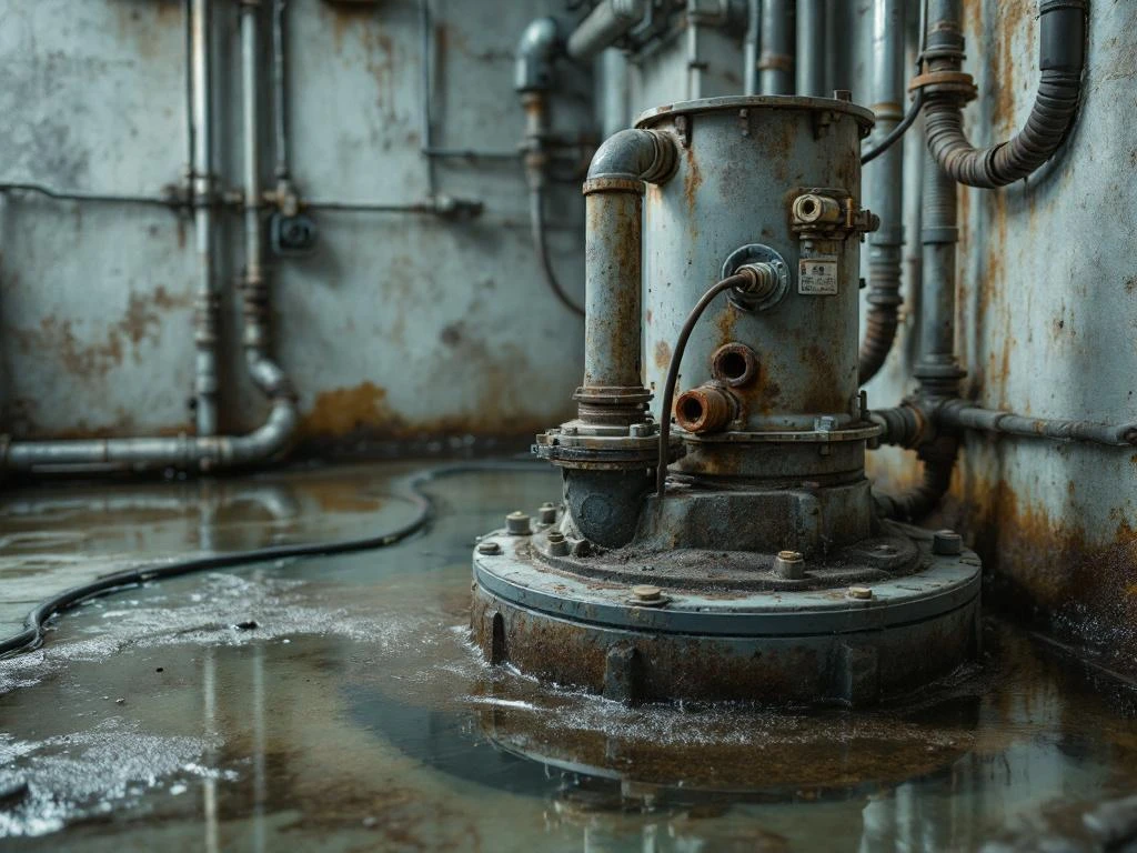 Oude, versleten dompelpomp in kelder met roest, corrosie en waterlekkage die vervanging nodig heeft