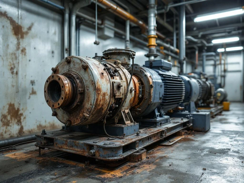Beschadigde industriële vacuümpomp met motorproblemen en slijtage in technische ruimte met betonnen vloer