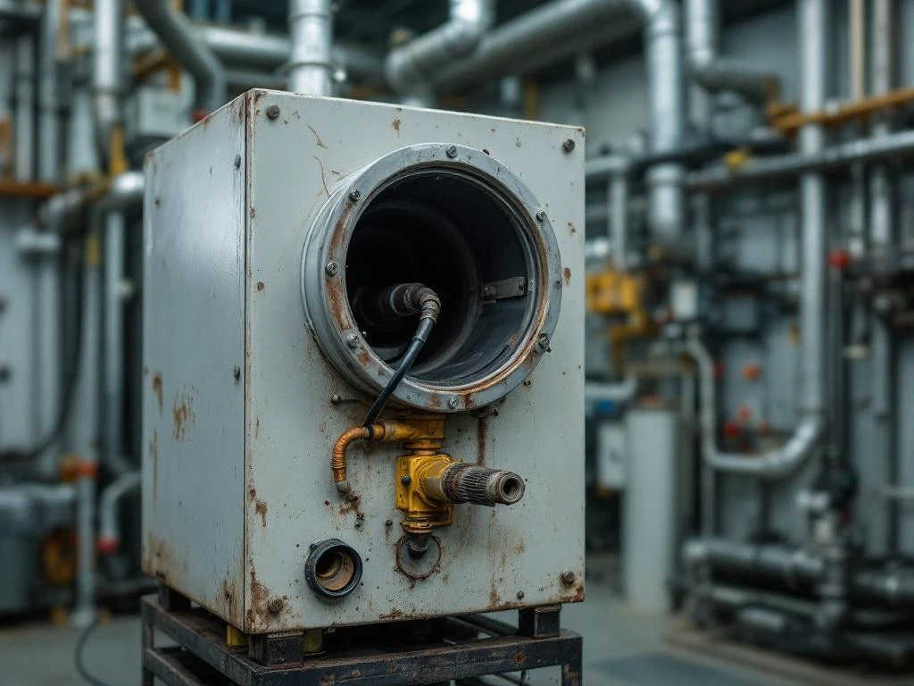 Defecte industriële vacuümpomp met losse zuigleidingen in technische ruimte toont luchtzuigproblemen