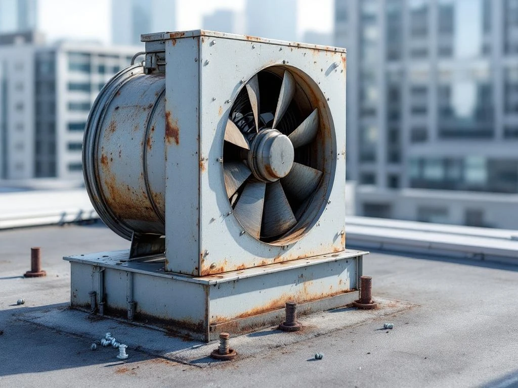 Defecte industriële ventilatie-unit op kantoorgebouw dak met roest, gebogen ventilatorblad en losse bouten