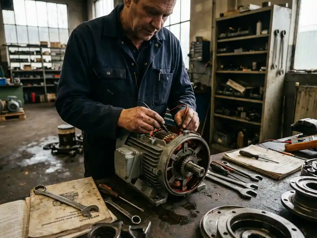 Nederlandse industriële technicus onderzoekt gedemonteerde ATEX-gecertificeerde elektromotor op werkbank in workshop