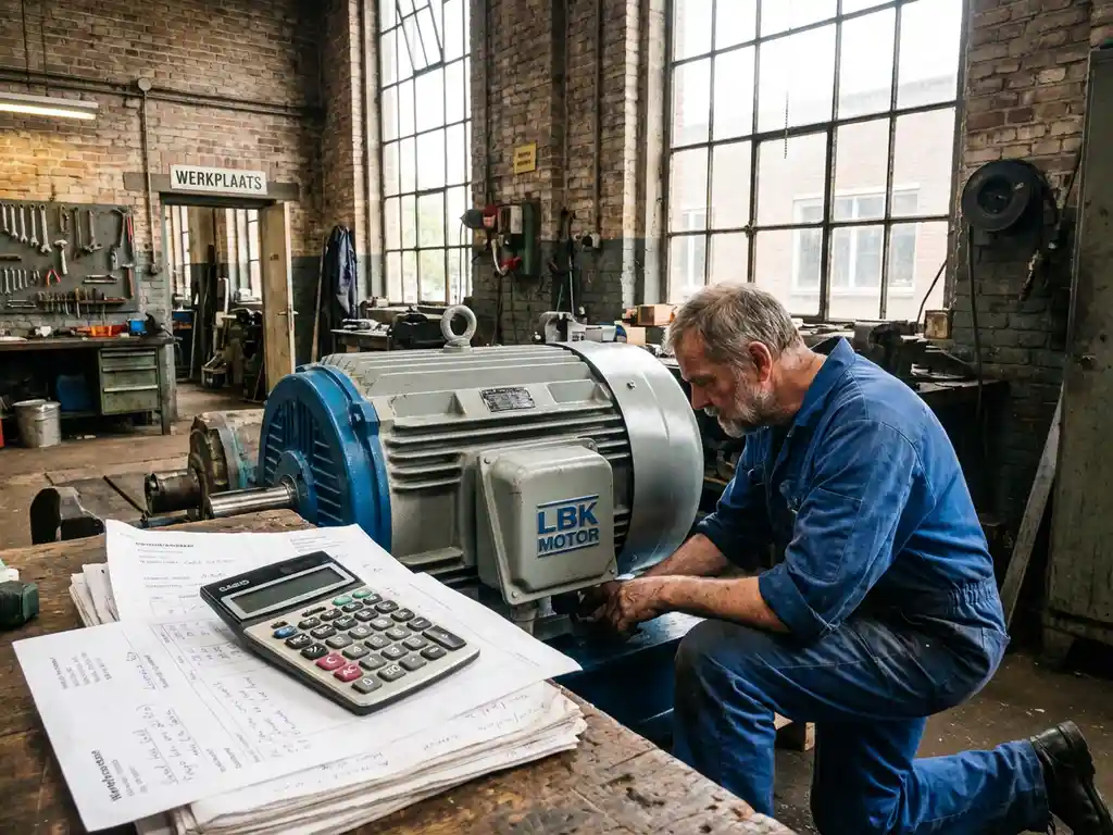 Nederlandse monteur in blauwe overall onderzoekt grote LBK motor in traditionele werkplaats met bakstenen muren
