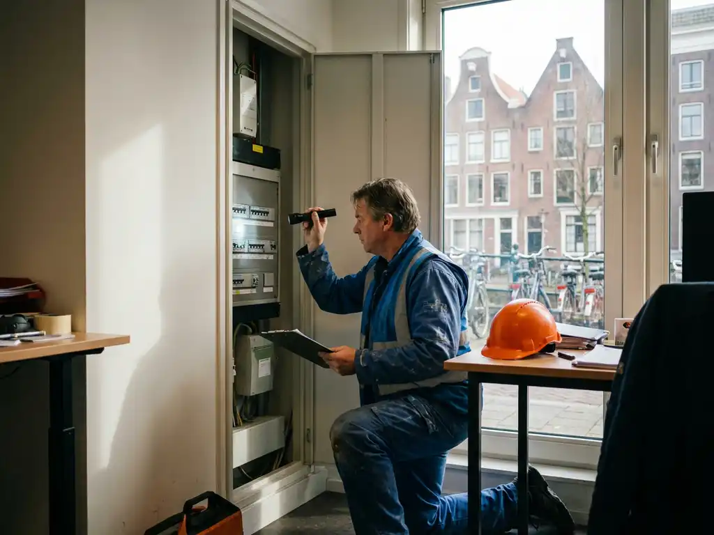 Nederlandse technicus inspecteert zekeringkast met zaklamp en klembord in kantoorgebouw, veiligheidshelm op bureau