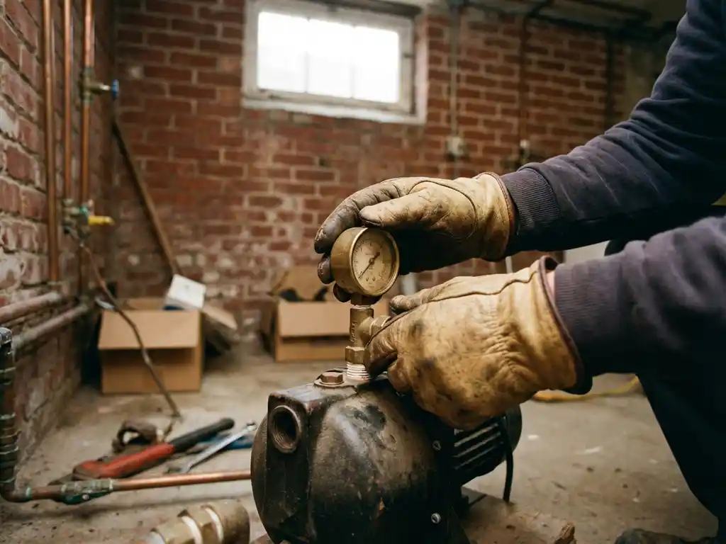Loodgieter onderzoekt waterpomp met drukmeter in Nederlandse kelder met rode bakstenen muren