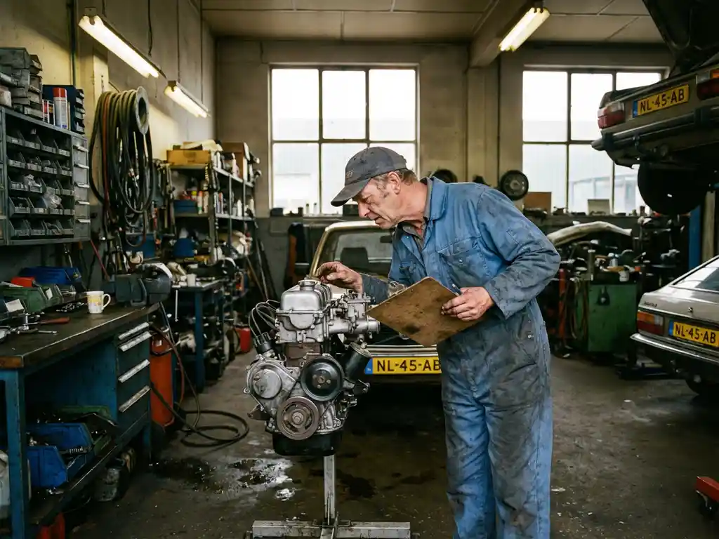 Nederlandse monteur in blauwe overall inspecteert automotor met klembord in garagewerkplaats met gereedschap