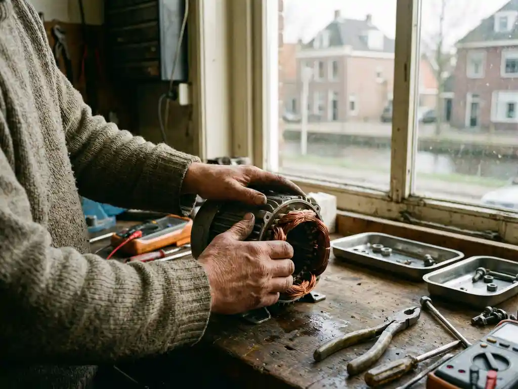Monteur onderzoekt koperen wikkelingen van gedemonteerde elektromotor op werkbank met gereedschap en onderdelen