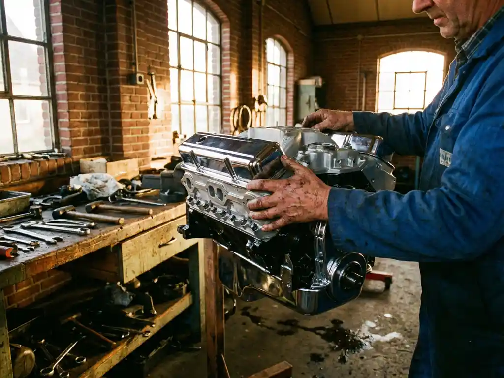 Nederlandse monteur onderzoekt glanzende herbouwde automotor in traditionele garage met bakstenen muren en gereedschap