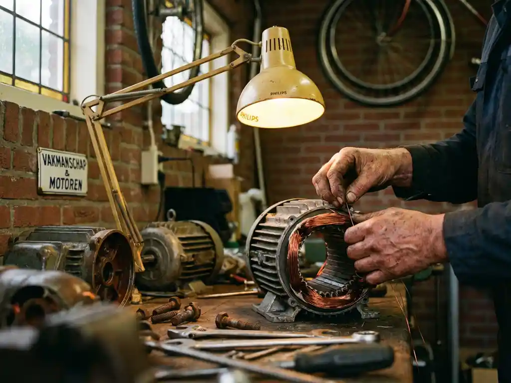 Monteur wikkelt koperdraad rond elektromotor stator in Nederlandse garage werkplaats met vintage gereedschap