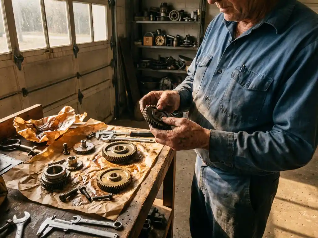 Nederlandse monteur onderzoekt tandwielkast onderdelen op houten werkbank in traditionele garage werkplaats