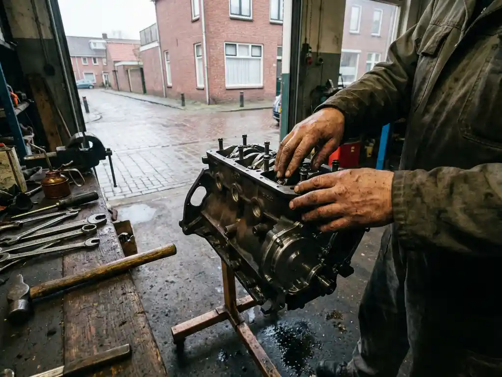 Nederlandse monteur onderzoekt herbouwde automotor in traditionele garage met bakstenen muren en gereedschap