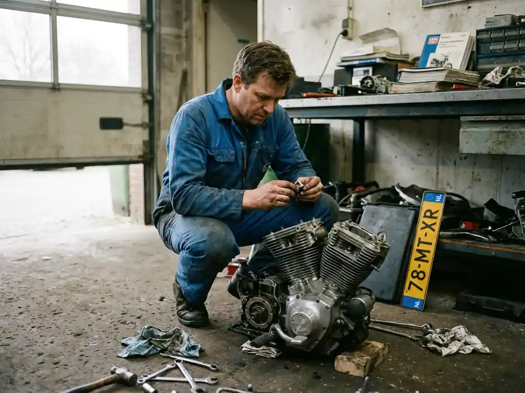 Motorfiets monteur in blauwe overall onderzoekt motor onderdelen in garage werkplaats met gereedschap
