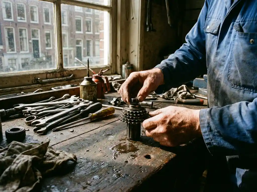 Nederlandse fietsenmaker onderzoekt tandwielmechanisme op houten werkbank in traditionele werkplaats met gereedschap