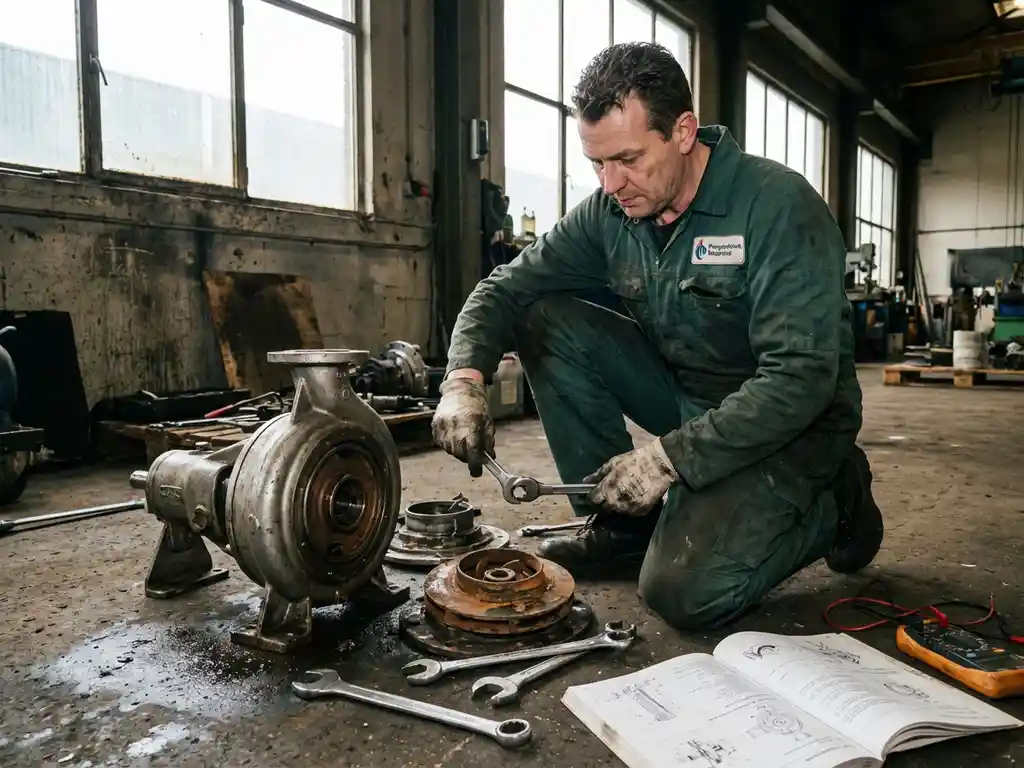 Nederlandse technicus repareert centrifugaalpomp in werkplaats, onderdelen en gereedschap verspreid op betonnen vloer