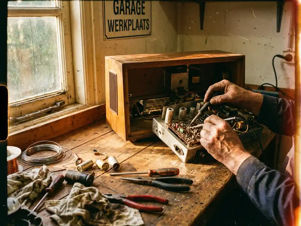 Handen die een vintage radio repareren met soldeerbout op houten werkbank in Nederlandse garage workshop