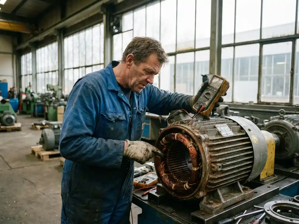 Nederlandse technicus inspecteert industriële ATEX-motor met multimeter in werkplaats