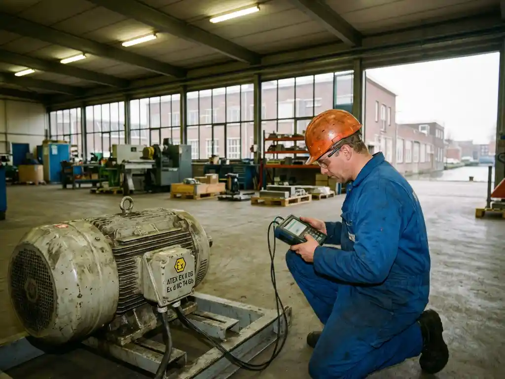 Nederlandse technicus inspecteert ATEX-gecertificeerde industriële motor met diagnostisch gereedschap in fabriek