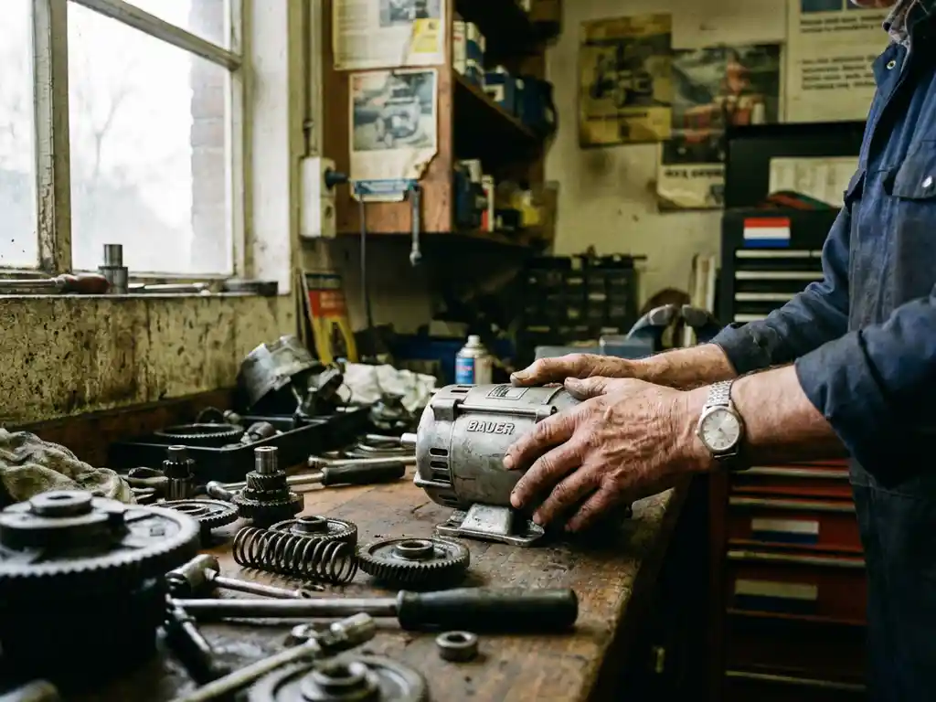 Nederlandse monteur onderzoekt gedemonteerde Bauer tandwielmotor op werkbank met gereedschap en onderdelen
