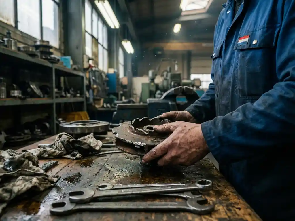 Onderhoudstechnicus onderzoekt versleten centrifugaalpomp onderdeel met geërodeerde schoepen in industriële werkplaats