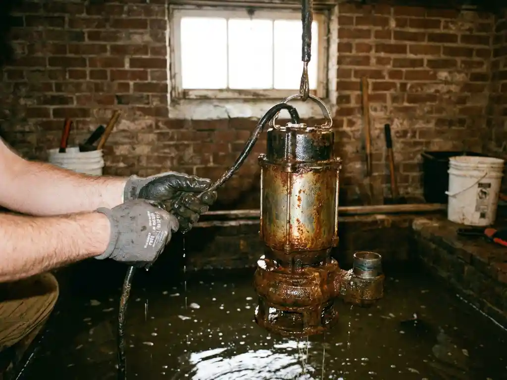 Verroeste dompelpomp wordt uit ondergelopen Nederlandse kelder getild, handen vasthoudend aan snoer, bakstenen muren zichtbaar