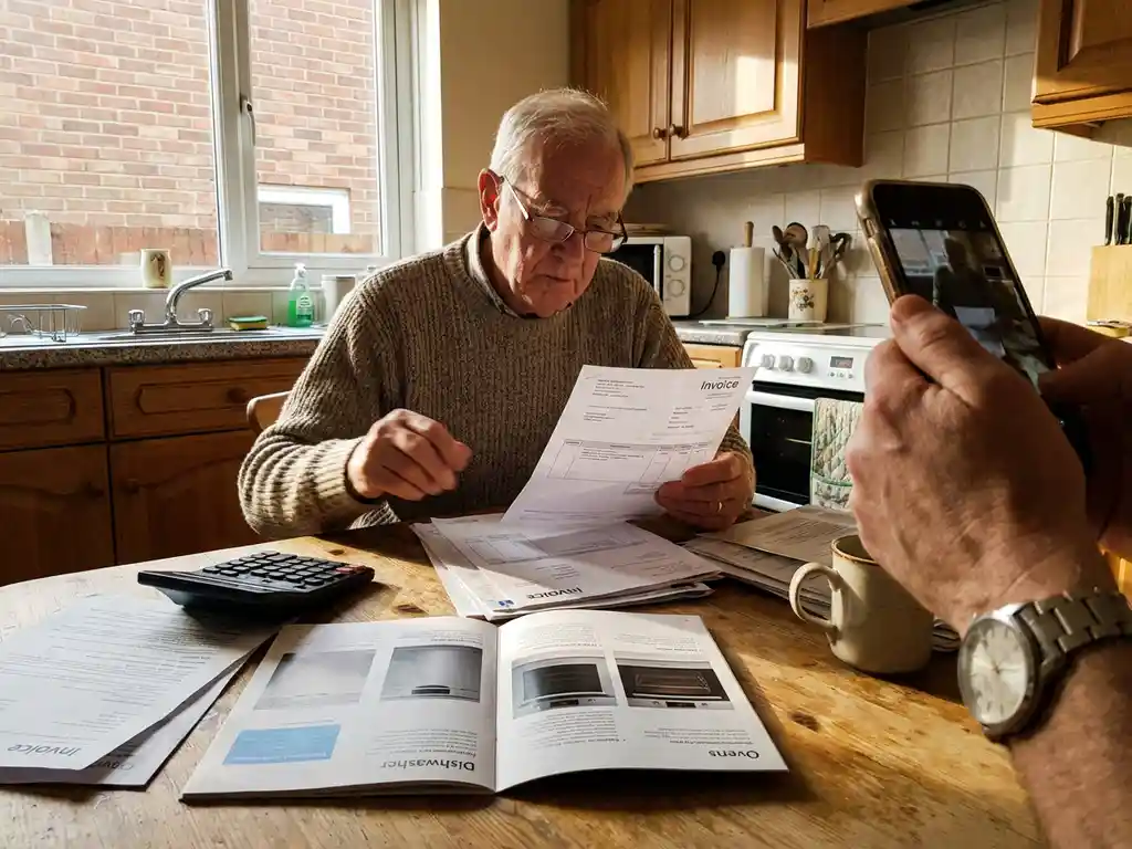 Nederlandse huiseigenaar bekijkt renovatiefacturen en apparatenbrochures aan keukentafel met rekenmachine en koffie