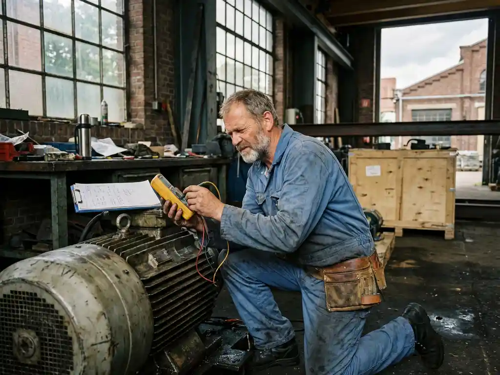 Nederlandse industriële monteur in blauwe overall inspecteert elektromotor met multimeter in fabriekshal
