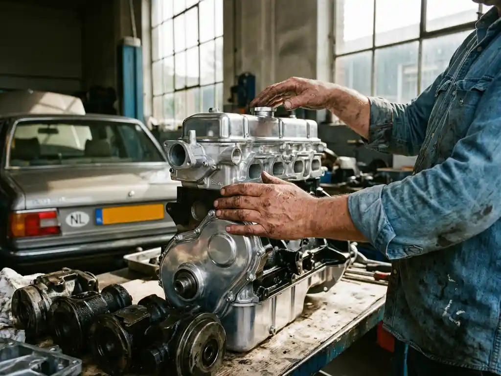 Nederlandse monteur inspecteert glanzende gereviseerde automotor in garagewerkplaats met gereedschap op werkbank