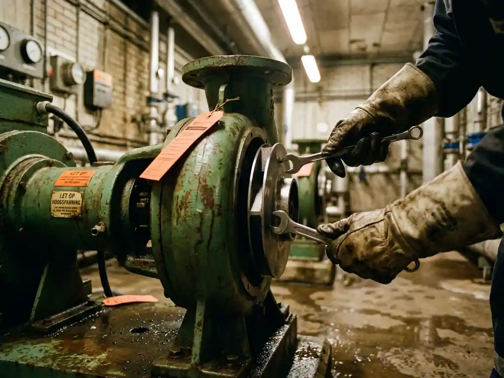 Nederlandse technicus onderhoudt industriële centrifugaalpomp in waterzuiveringsinstallatie met precisietools