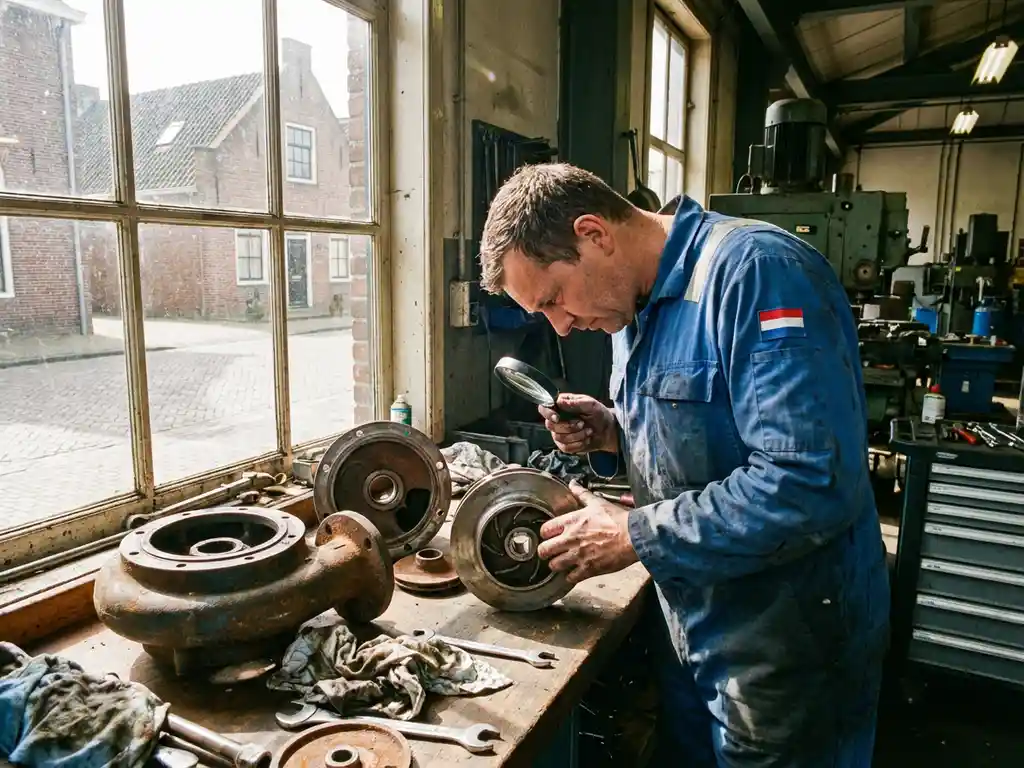 Nederlandse technicus onderzoekt centrifugaalpomp onderdelen op werkbank in industriële werkplaats