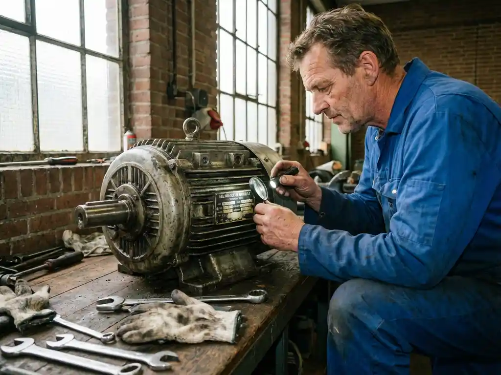 Nederlandse technicus onderzoekt gereviseerde industriële motor op werkbank in fabriekswerkplaats met gereedschap