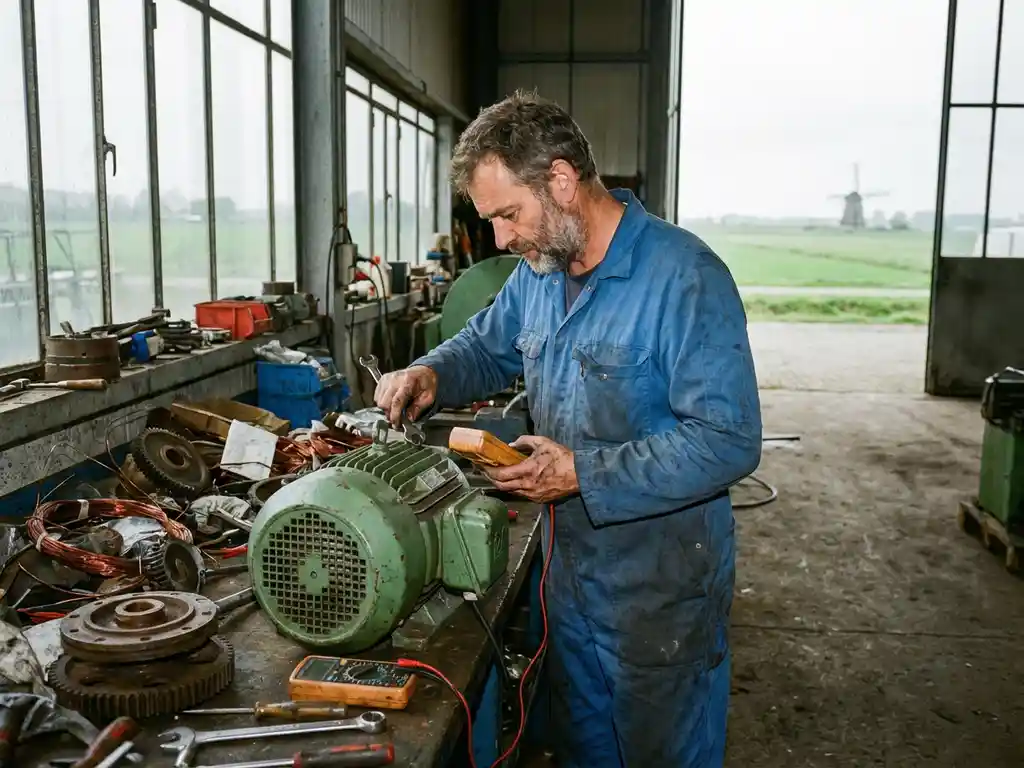 Nederlandse technicus in blauwe overall repareert explosieveilige industriële motor met handgereedschap in werkplaats