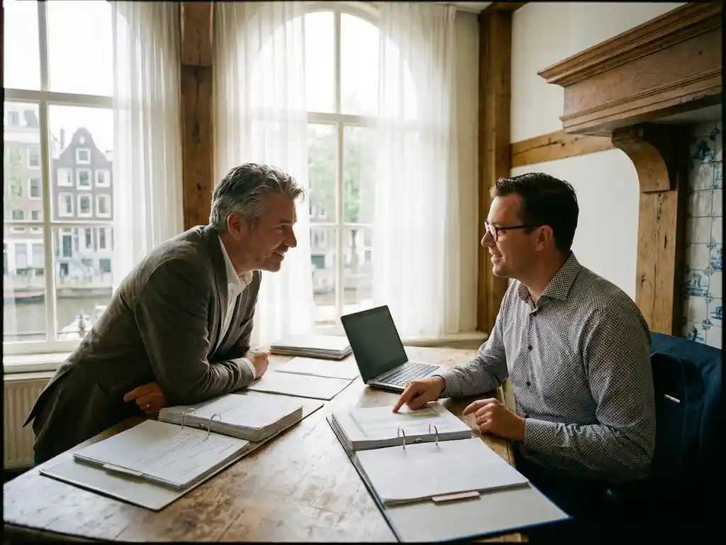 Nederlandse zakenvrouw en accountant bespreken financiële documenten aan houten bureau in Amsterdams grachtenpand kantoor