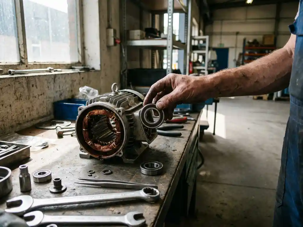 Technicus onderzoekt elektromotor lager op werkbank met gereedschap en koperwindingen in Nederlandse werkplaats