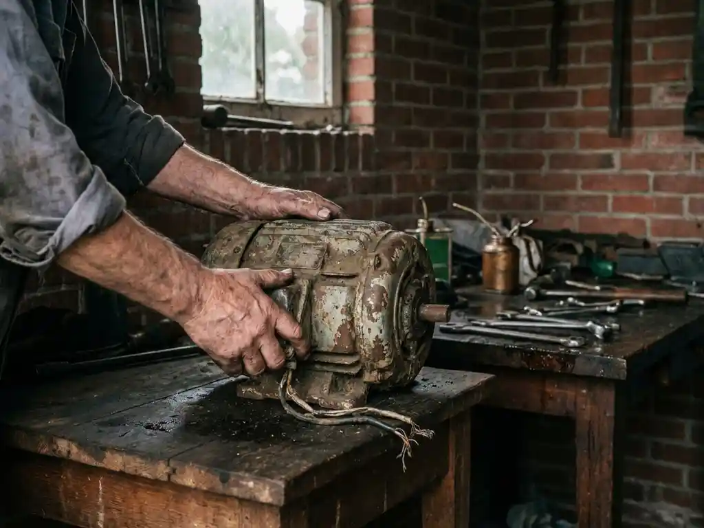 Nederlandse monteur onderzoekt gebruikte elektromotor in traditionele werkplaats met rode bakstenen muren