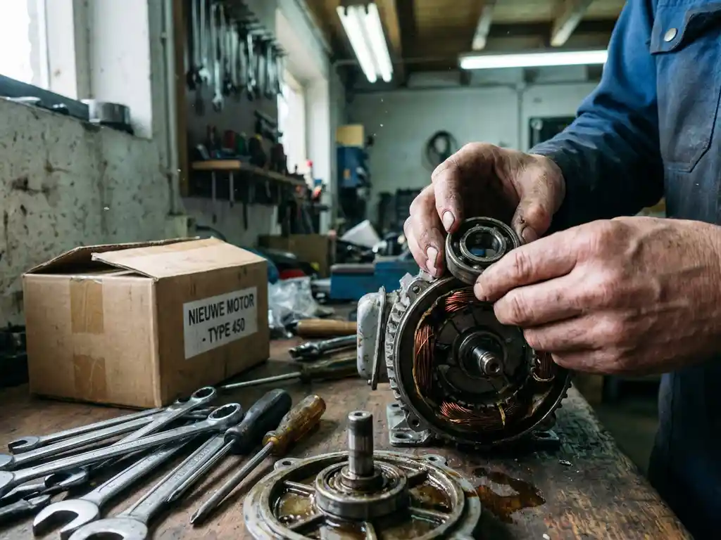 Technicus onderzoekt gedemonteerde elektromotor op werkbank met reserveonderdelen en gereedschap in werkplaats