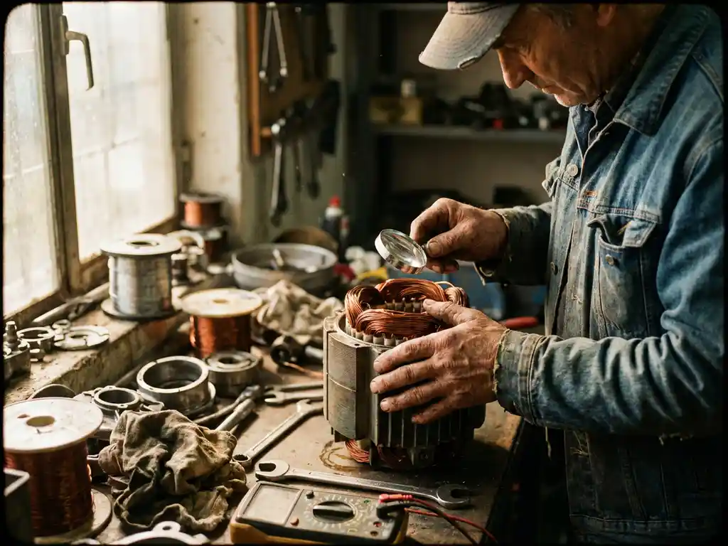 Nederlandse technicus onderzoekt koperdraad wikkelingen van gedemonteerde elektromotor op werkbank met gereedschap